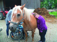 Mädchen lehnt sich an ein Pferd