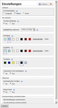 spezielle Einstellungen sind im Readspeaker-Player möglich